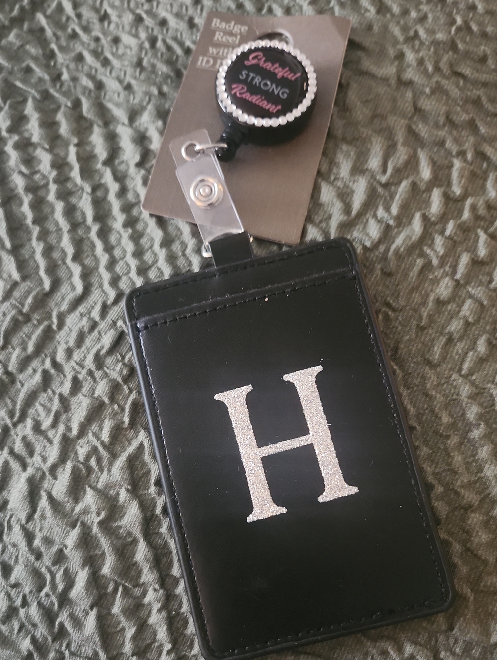 Black ID Badge Holder with Silver Glitter 'H' and Retractable Reel